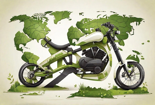 Voyage écologique Moto vectorielle sur fond d'une carte de la terre en vert et blanc
