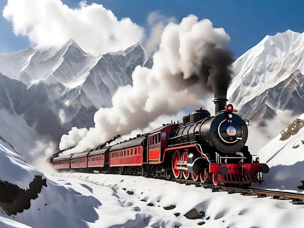 Voyage enchanteur Majestueuse machine à vapeur noire dans l'Himalaya enneigé