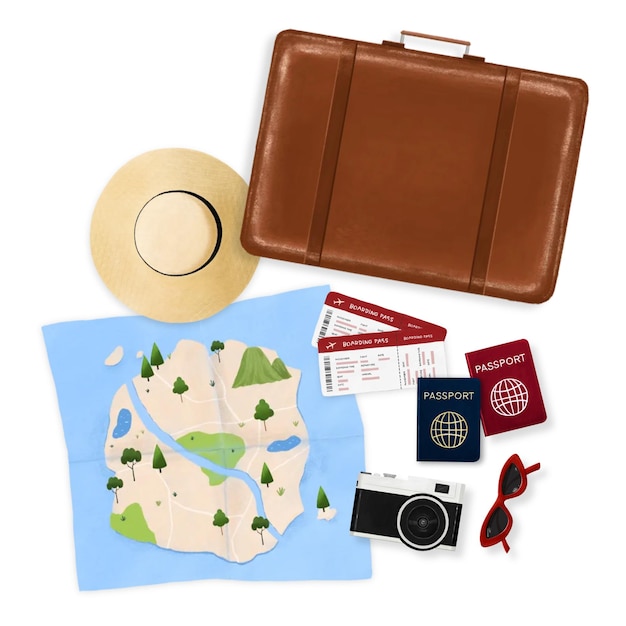 Voyage esthétique png remix carte de bagages et caméra fond transparent