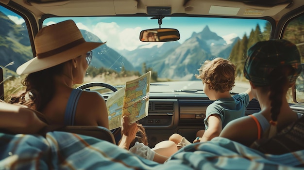 Voyage en famille Mère père et fils conduisant une voiture en regardant une carte Ils voyagent à travers les montagnes et apprécient le paysage