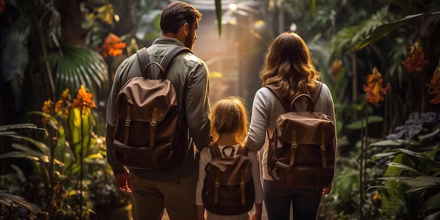 Voyage en famille Papa maman avec sa fille en randonnée dans la forêt tropicale Generative AI