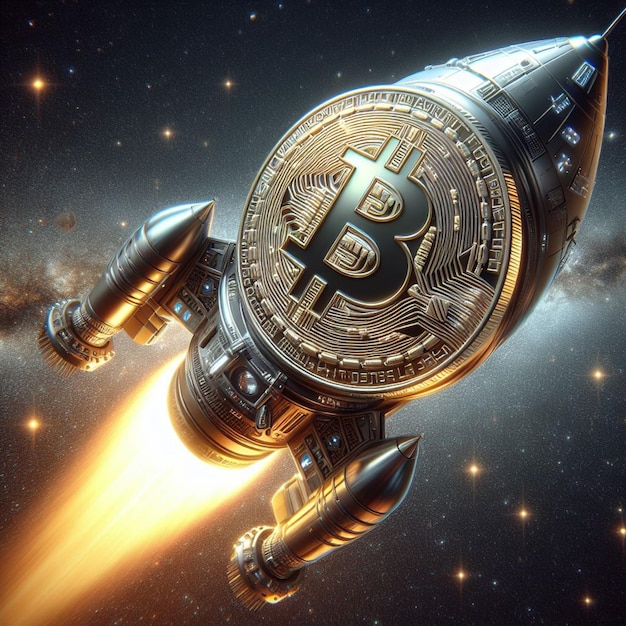 Voyage futuriste de Bitcoin une fusée élégante propulsant à travers l'espace une création 3D époustouflante de Blender