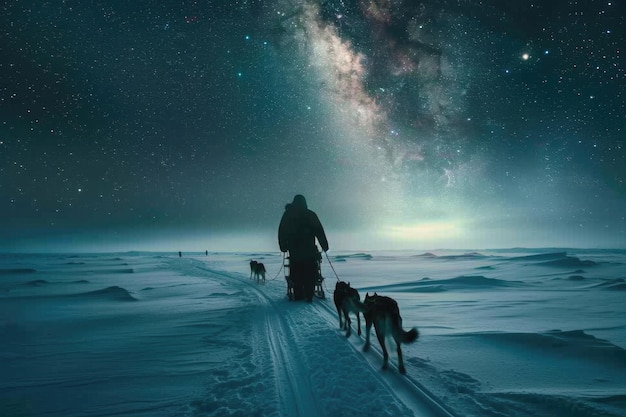 Voyage gelé une personne avec un traîneau de chiens traverse l'Antarctique enneigée une aventure épique à travers la glace