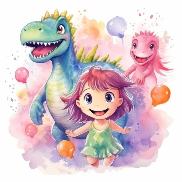 Voyage joyeux Une aventure de dinosaure à thème féminin en aquarelle vibrante