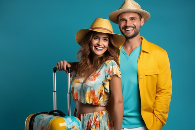 Photo voyage à la mode modèle de couple souriant en vacances