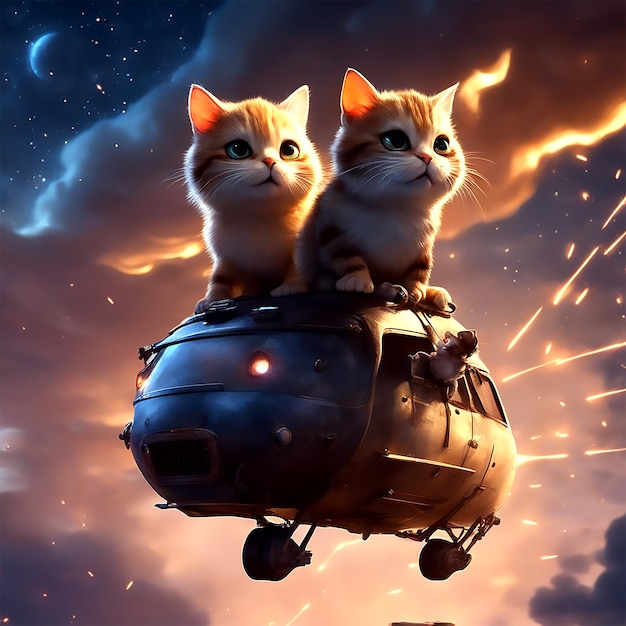 Voyage nocturne fantaisiste d'adorables chats et d'écureuils volants planent au milieu d'un ciel éclairé par la lune