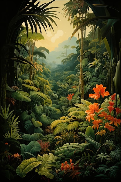 Un voyage nostalgique dans l'art déco à travers la verdure luxuriante d'une forêt tropicale