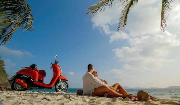 Voyage sur la route en scooter Beau couple sur une moto rouge en vêtements blancs sur la plage de sable