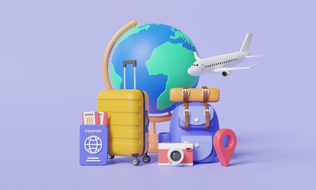 Voyage et tourisme concept Terre globe Sac à dos bagages passeport et avion Voyage vol en ligne à l'étranger billet en ligne Planification de voyage dans le monde Icon 3D illustration de rendu minimal