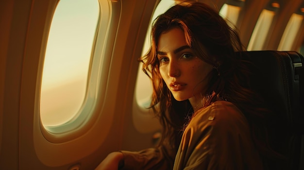 Voyage touristique en avion arrière-plan Une belle femme est assise dans un avion et regarde la vue