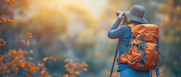 Voyage touristique avec un sac à dos activités de plein air observation des oiseaux avec des jumelles et enregistrement des observations dans un livre