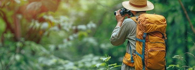 Voyage touristique avec un sac à dos activités de plein air observation des oiseaux avec des jumelles et enregistrement des observations dans un livre