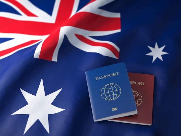 Voyage tousisme ou immigration en Australie concept Différents passeports sur le drapeau australien
