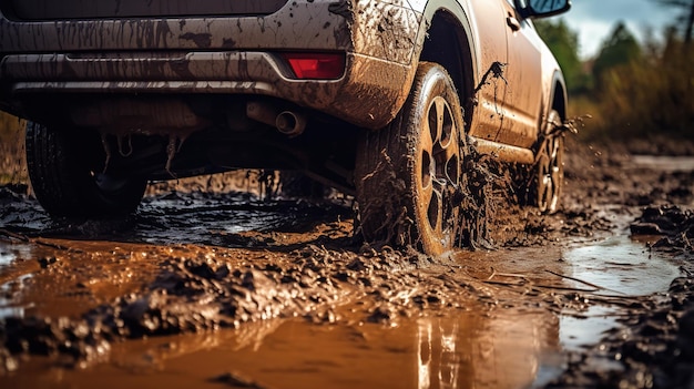 Voyage tout-terrain La voiture roule dans la boue Générative ai