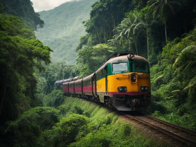 Voyage en train à travers des forêts magiques dans un paradis tropical imaginaire
