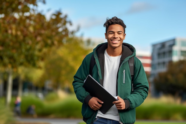 Le voyage universitaire d'un jeune étudiant commence avec des manuels scolaires et un ordinateur portable dans le cadre universitaire