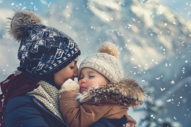 Voyage de vacances d'hiver en plein air avec la mère et l'enfant dans les montagnes enneigées