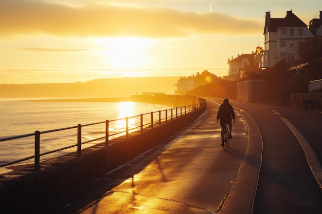 Un voyage à vélo tranquille sur la côte à l'heure d'or