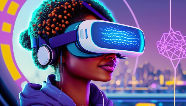 Voyage vers demain Illustration d'un individu futuriste avec des lunettes de réalité virtuelle liées