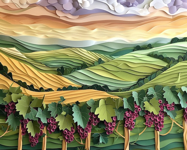 Voyage de vigne d'été paysage en papier 3D en gros plan vignobles en couches collines coulées