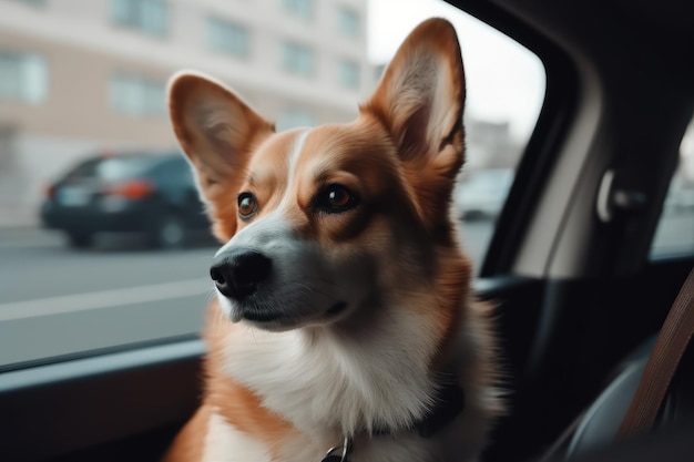 Voyage en voiture avec un chien Corgi Generate Ai