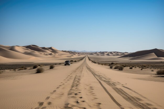 Voyage en voiture à travers le désert avec des dunes de sable sans fin en arrière-plan créées avec une IA générative