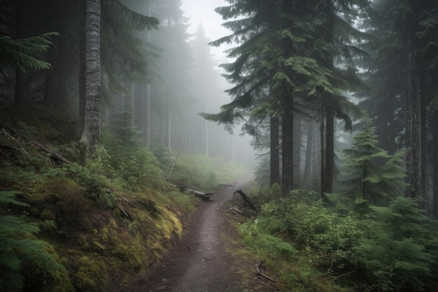 Voyageant à travers une forêt brumeuse avec de grands arbres créés avec une IA générative