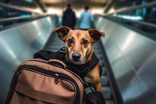 Voyager avec un petit chien brun à l'aéroport