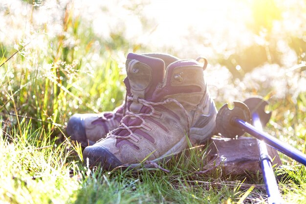 Voyager. le touriste part en randonnée à travers les montagnes - des bottes et des bâtons de trekking