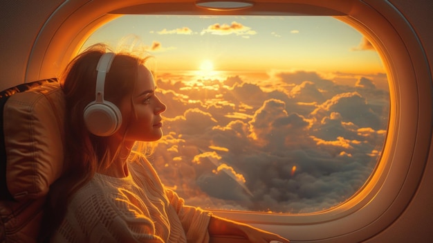 Photo voyageur aérien dans le siège s'engageant avec un écran tactile divertissement ambiance paisible écouteurs aperçu des nuages à travers la fenêtre ai génératif