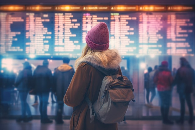 Un voyageur à l'aéroport regardant l'affichage de l'horaire de leur vol pendant la saison des vacances de Noël