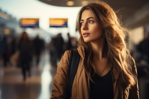 Un voyageur d'affaires femme corps entier vue arrière embarquement à une porte d'aéroport