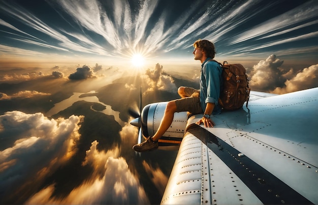 Photo un voyageur assis sur l'aile d'un avion