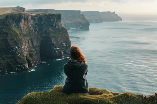 Voyageur assis sur une falaise et regardant l'océan Voyage et concept de vie active IA générative