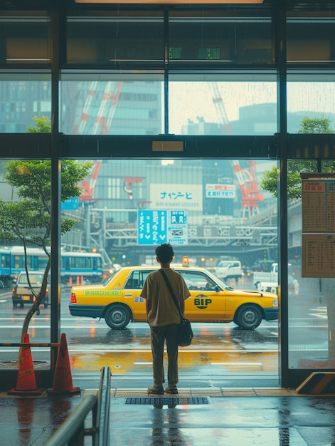 Un voyageur attend un taxi devant l'aéroport de Tokyo au Japon