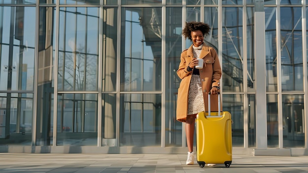 Voyageur élégant avec une valise jaune debout à l'entrée d'un bâtiment moderne en verre Voyage joyeux Scène de voyage urbain chic Apparition à la mode AI