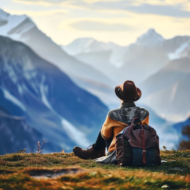 Voyageur errant portant un chapeau assis seul et appréciant la montagne