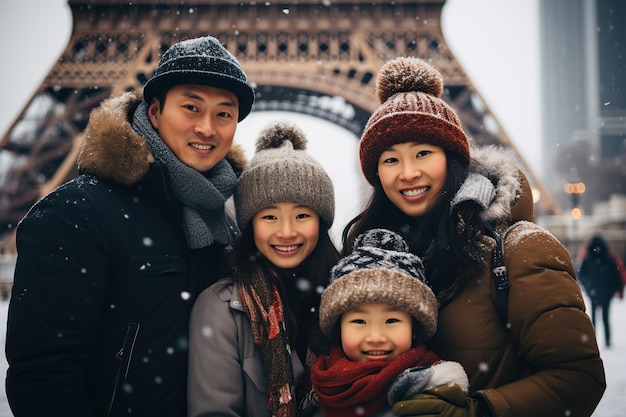 Un voyageur en famille prend un selfie en hiver à Paris AI Generated