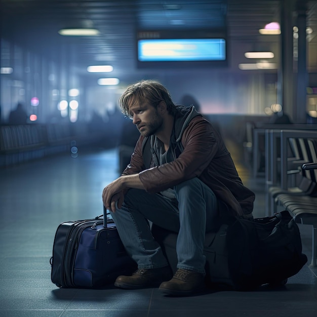 Photo un voyageur fatigué assis au milieu d'une mer de valises attendant votre vol à l'aéroport