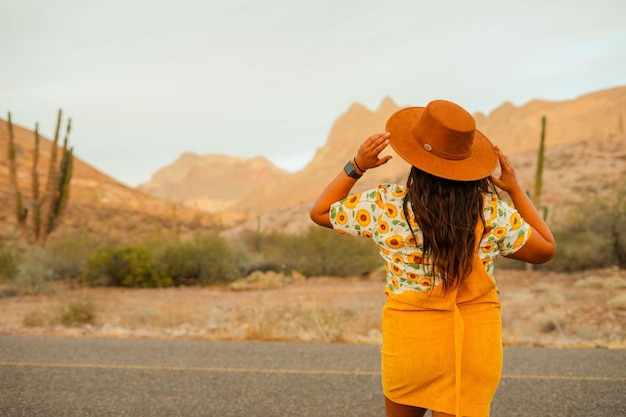 Voyageur femme au chapeau regardant les montagnes et le paysage désertique concept de voyage d'aventure espace pour le texte moment épique atmosphérique