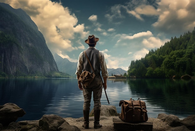 Photo voyageur homme devant un lac