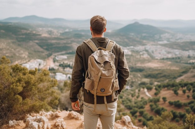 Un voyageur en randonnée dans les montagnes avec ses affaires essentielles dans un sac à dos