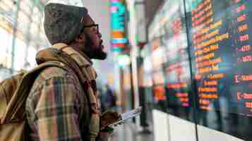 Photo un voyageur regarde les informations de vol affichées pour vérifier les heures de départ