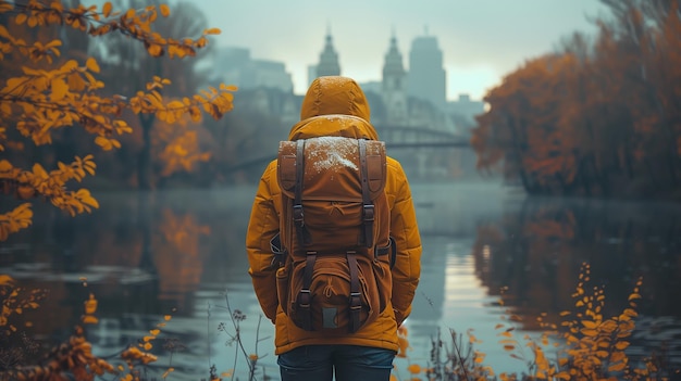 Un voyageur avec un sac à dos admirant le paysage naturel d'un lac