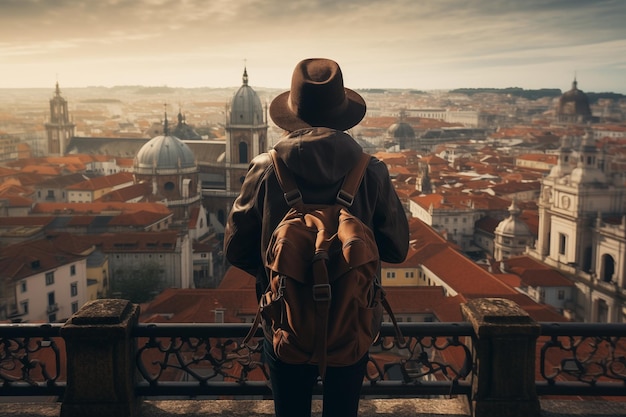 Un voyageur avec un sac à dos admire une vue panoramique sur l'horizon d'une ville européenne classique