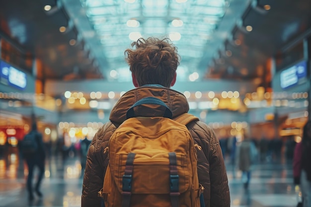 Voyageur avec un sac à dos au terminal moderne de l'aéroport Generative AI