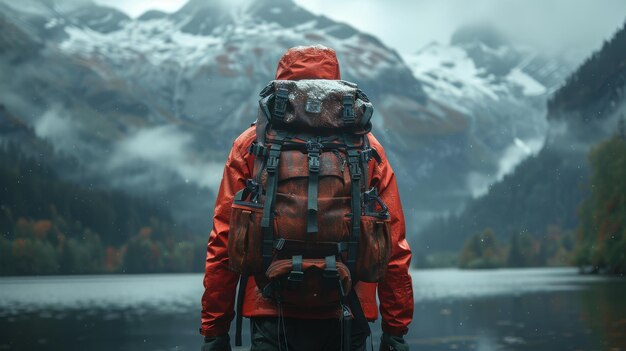 Un voyageur avec un sac à dos à l'extérieur dans une veste rouge sur un terrain montagneux