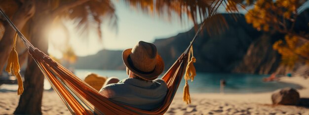 Photo un voyageur se détend dans un hamac sur une plage d'été