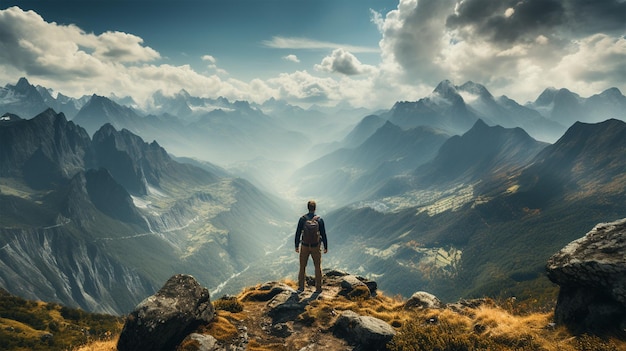 un voyageur se tient au sommet d'une montagne