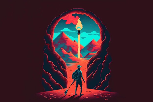 Le voyageur se tient près d'un passage mystérieux dans le mur L'homme d'aventure avec une torche debout et regardant un grand trou de serrure sur le mur en laiton Peinture d'illustration de style d'art numérique